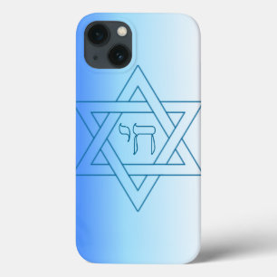 Estrela de Davi Judaica Chai Hebraico Azul e Branc