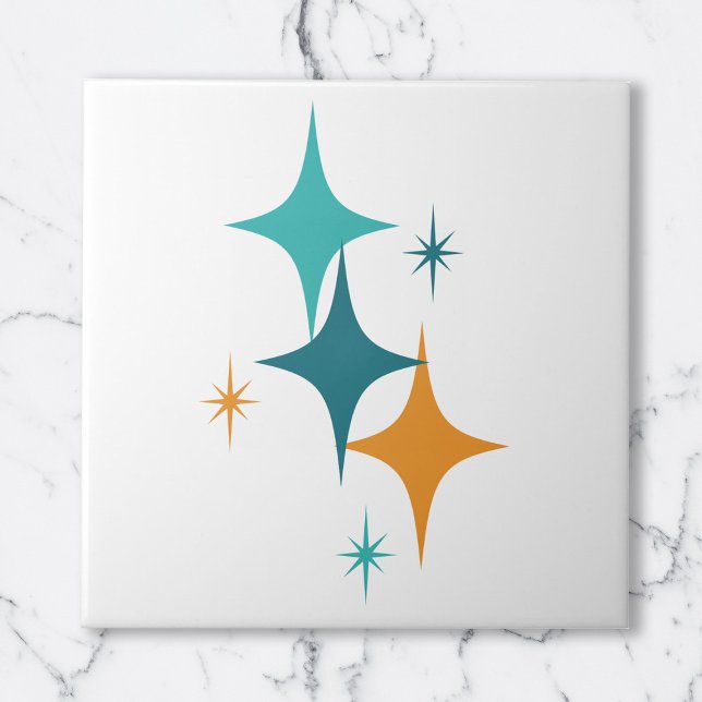 Estrelas Atômicas de Meados do Século Branco Teal  (Mid Century Atomic Stars White Teal Aqua Orange Ceramic Tile)