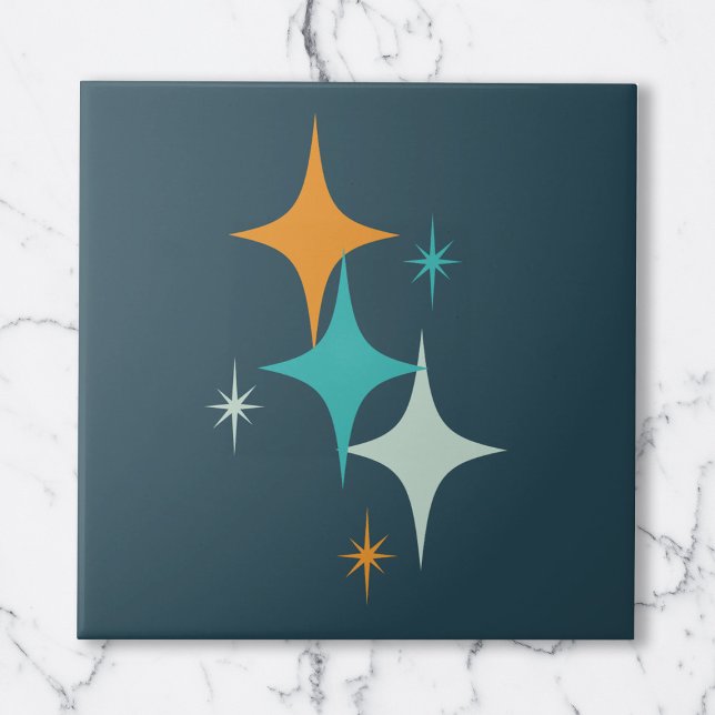 Estrelas Atômicas de Meados do Século em Verde Águ (Mid Century Atomic Stars Dark Teal Aqua Orange Ceramic Tile)
