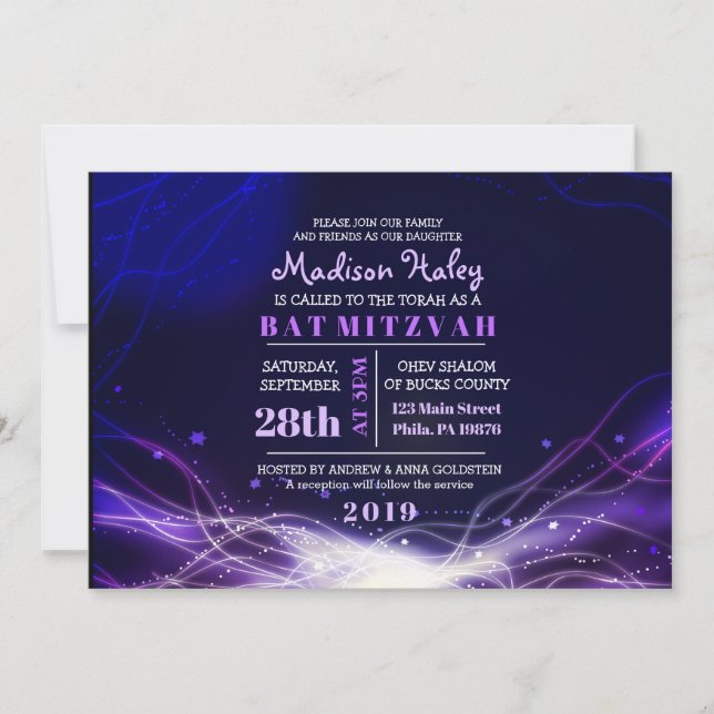 ESTRELAS DE NEON BRILHANTES Convite de Bat Mitzvah (Frente)