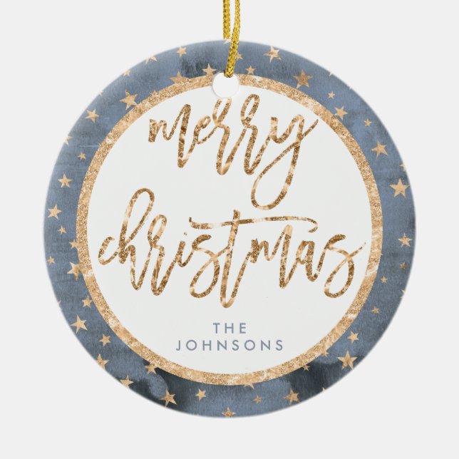 Estrelas de ouro Feliz Ornamento de Natal Cerâmica (Frente)