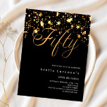 Estrelas de ouro negras orçam 50º convite para ani<br><div class="desc">Um convite moderno e na moda para uma 50ª festa de aniversário para ele e para ela. Decorado com estrelas ouros. Fundo preto e a palavra Cinquenta escrita com letras douradas falsas grandes. Personalize e adicione um nome e detalhes da parte. 1 folha = 1 convite impresso de borda a...</div>