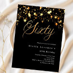 Estrelas de ouro negras orçam 60º convite para ani<br><div class="desc">Um convite moderno e na moda para uma 60ª festa de aniversário. Fundo preto e a palavra Sessenta escrita com letras de ouro falsas. Decolado com estrelas ouros. Personalize e adicione um nome e detalhes da parte. 1 folha = 1 convite impresso de borda a borda.</div>