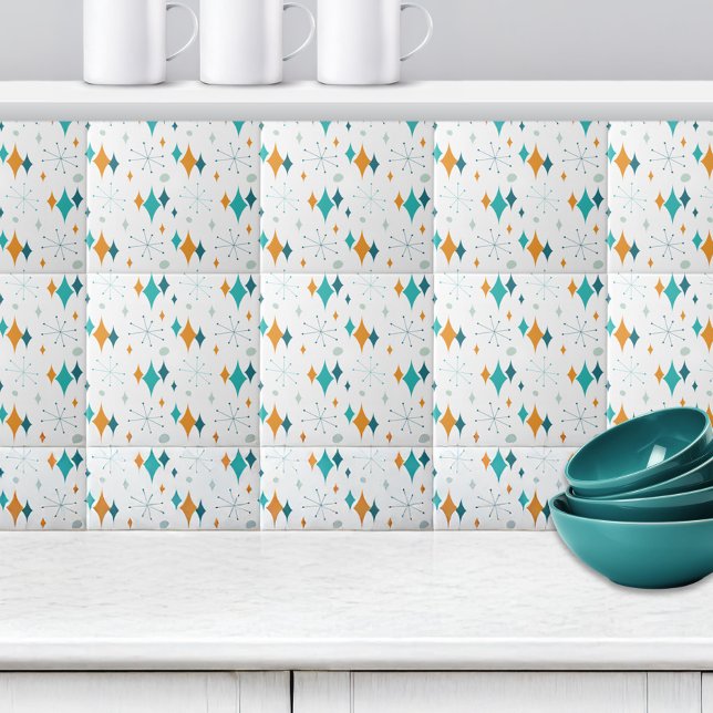 Estrelas de Starburst Retroativas Padrão Laranja A (Retro Starburst Stars Pattern Orange Teal Aqua Ceramic Tile)