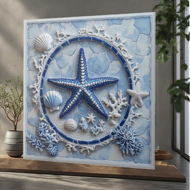 Estrelas do Mar Recife de Coral Conchas Costa Ocea (Starfish Coral Reef Seashells Coastal Ocean Luxury Ceramic Tile)