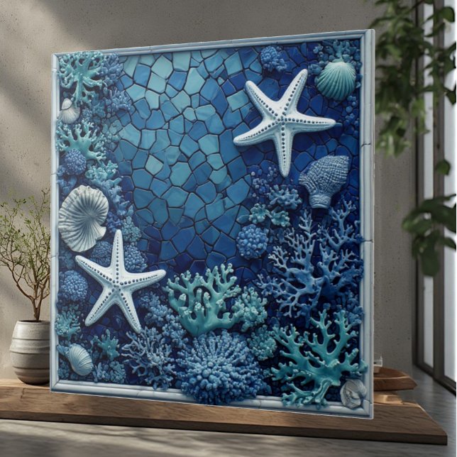 Estrelas do Mar Recife de Coral Conchas Decoração  (Starfish Coral Reef Seashells Coastal Decor Luxury Ceramic Tile)