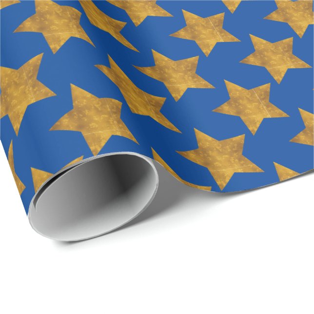 Estrelas Douradas em Papel de Presente Azul (Ponta do rolo)