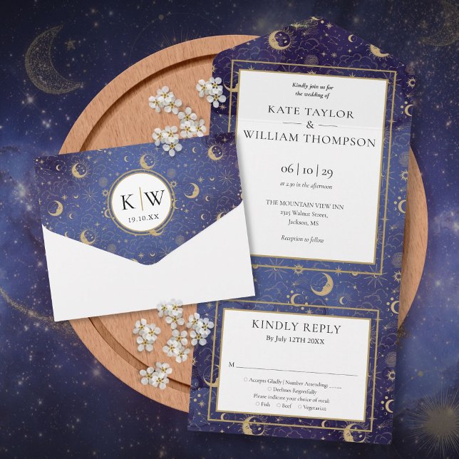 Estrelas Douradas Lua Estrelas Celestial Espiritua (Gold Stars Moon Stars Celestial Spiritual Wedding All In One Invitation)