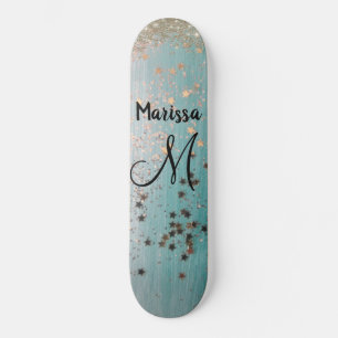 Estrelas Douradas monograma no skate teal
