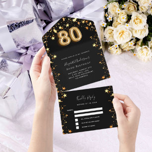 estrelas douradas pretas de 80 aniversário rsvp