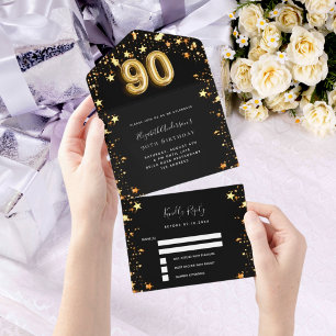 estrelas douradas pretas de 90 aniversário rsvp