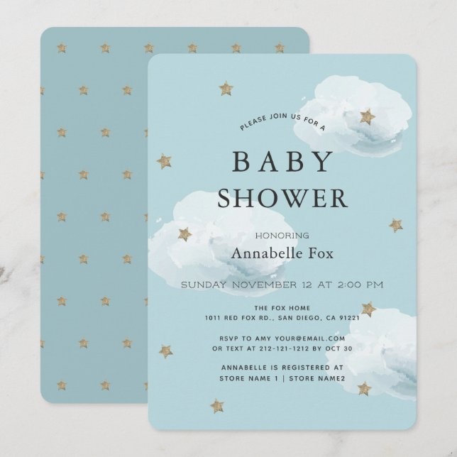 Estrelas e Nuvens Fluffy Convite de Chá de fraldas (Frente/Verso)
