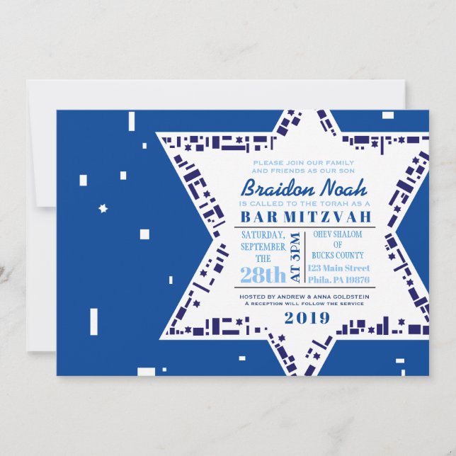 Estrelas e Quadrados Bar Bat Mitzvah Convite Azul (Frente)