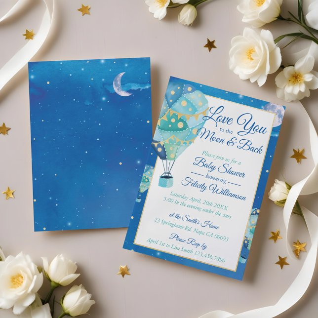 Estrelas Noturnas Convite para Chá de fraldas de B (Night Stars Hot Air Balloon Baby Shower Invitation)