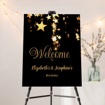 Estrelas pretas elegantes e douradas, aniversário 