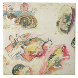Estudo de Paul Gauguin dos gatos e de uma cabeç