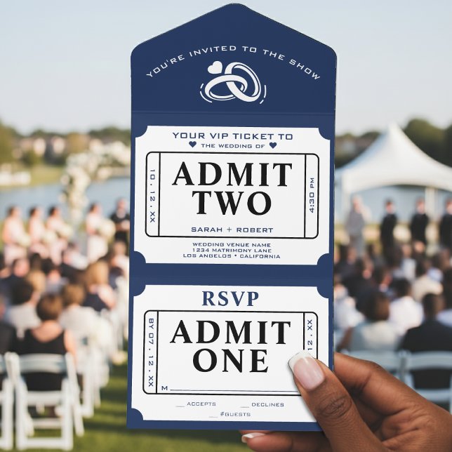 Estúmulo de tíquete retrô Admite Dois Casamento Br (Retro Ticket Stub Admit Two White & Blue Wedding All In One Invitation
)