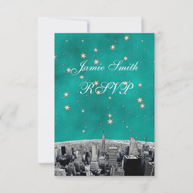 Etched NYC Skyline 2 Verde Turquesa Estrela RSVP c (Frente)