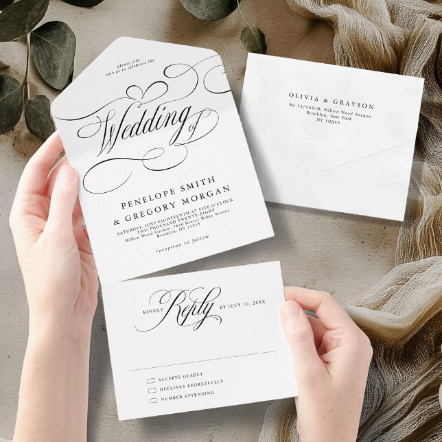 Eterno de caligrafia moderna Casamento branco Negr (Modern calligraphy timeless Black white wedding All In One Invitation)