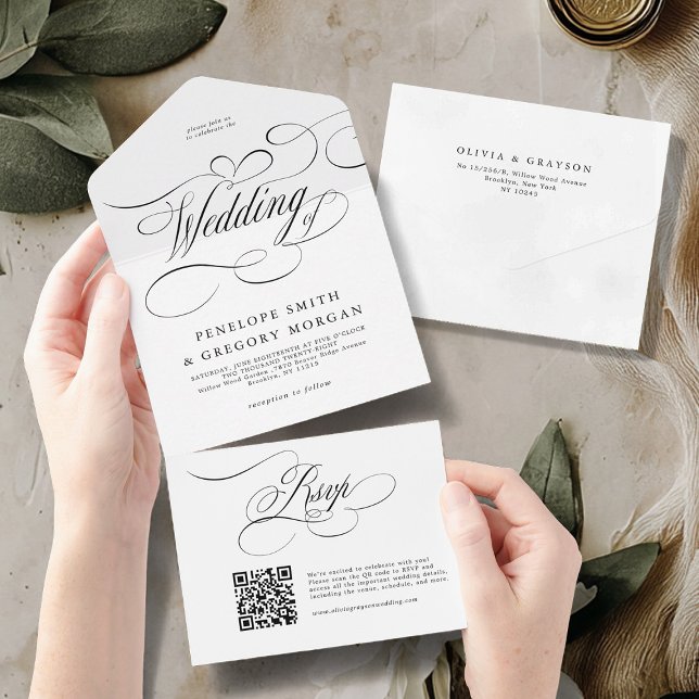Eterno de caligrafia moderna casamento branco pret (Modern calligraphy timeless black white wedding all in one invitation)