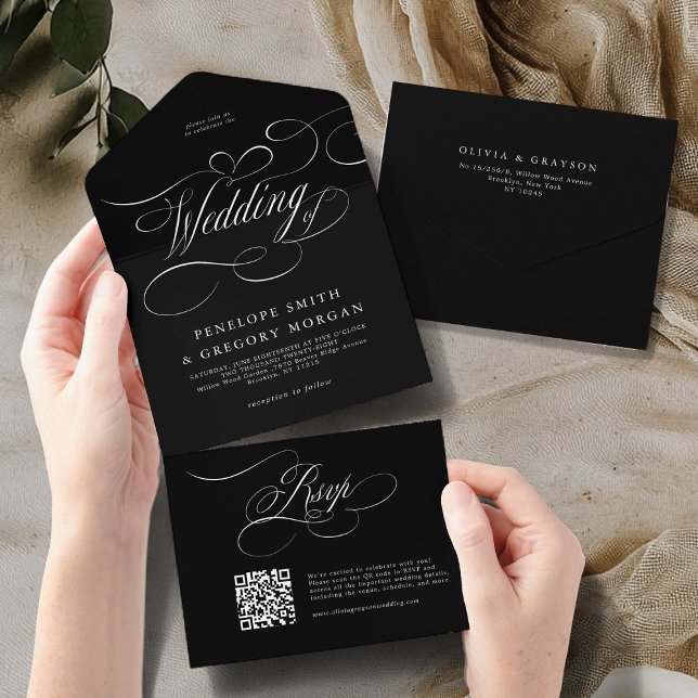 Eterno de caligrafia moderna casamento branco pret (Modern calligraphy timeless black white wedding all in one invitation)