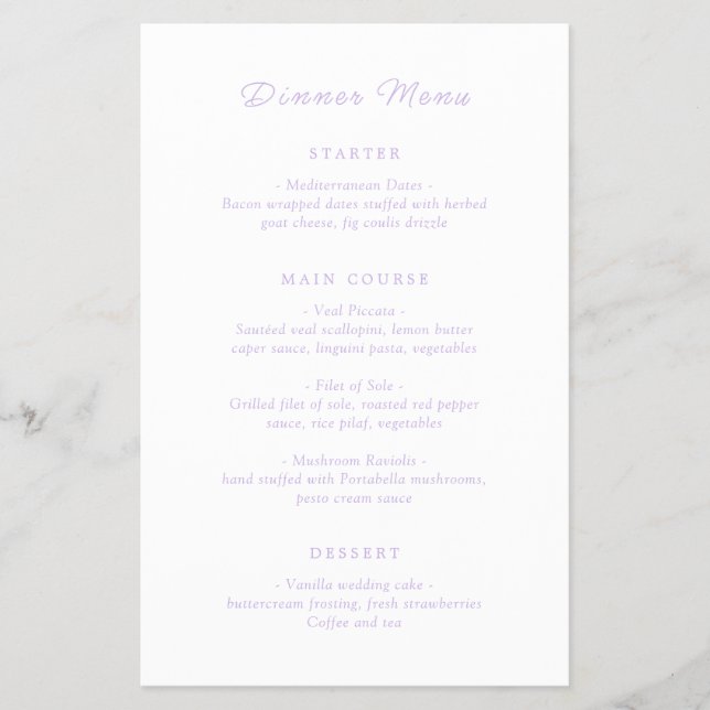 Eterno Lilac Menu de Casamento de Orçamento Clássi (Frente)