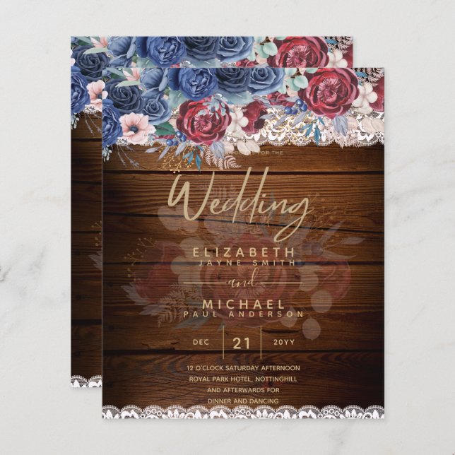 Eterno Rustic Blue Burgundy Floral Lace Casamento (Frente/Verso)