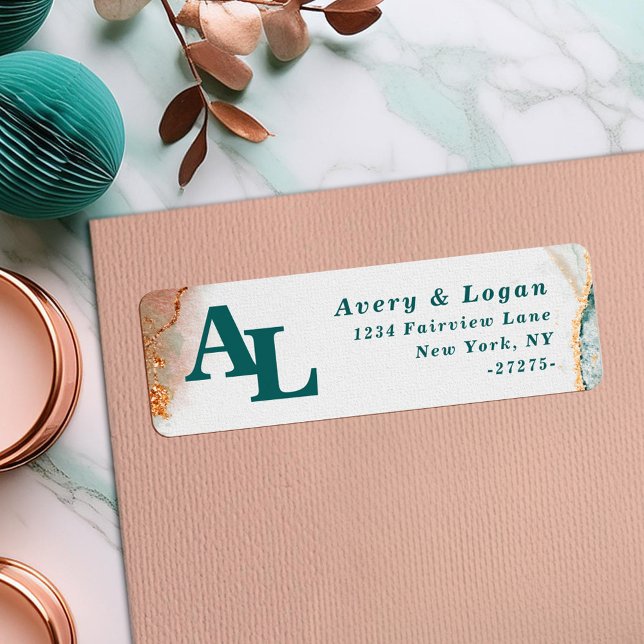 Etiqueta Abstrato Teal e Monograma Dourado Endereço de devo (Abstract Teal & Copper Monogram Retrun Address Labels.)