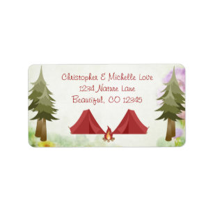 Etiqueta Acampamento, barracas e fogueira, endereço da