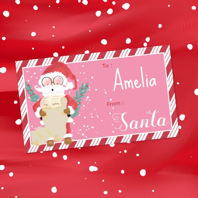 Etiqueta Adesiva Personalizada de Presente de Nata (Santa pink , red and white kid personalized gift tag sticker .)