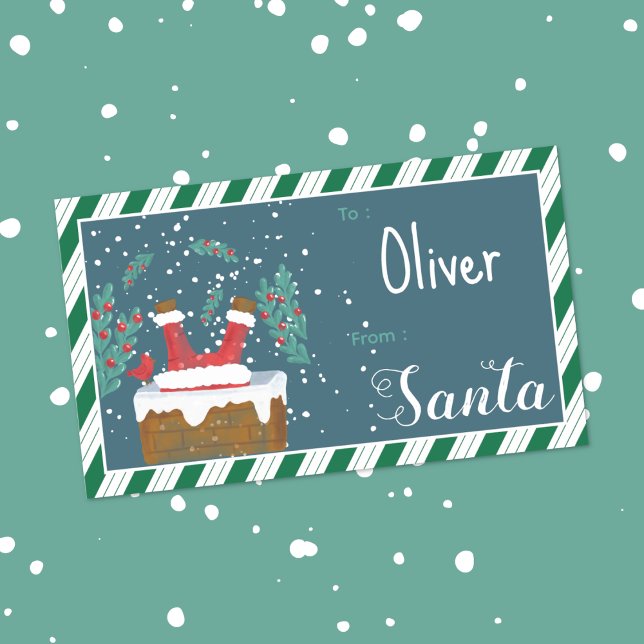Etiqueta Adesiva Silly Santa Azul para Presente de (Silly Santa going down the chimney kid Christmas gift tag rectangular sticker .)