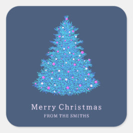 Etiqueta adhesiva con árbol de Navidad azul