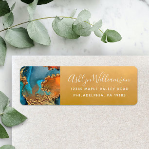 Etiqueta Agate watercolor turquoise gold e endereço laranja