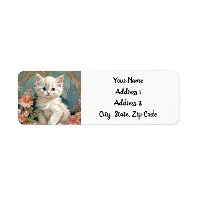 Etiqueta Alphonse Mucha Style White Cat (Frente)