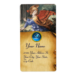 Etiqueta Angel Coletando Flores em uma Paisagem Celestial