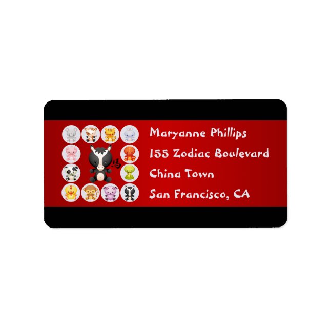 Etiqueta Ano Zodíaco Chinês do Vermelho e Negro Cavalo (Frente)