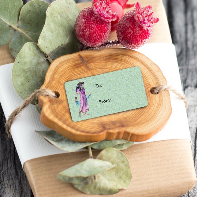 Etiqueta Antiga Bonito Princesa-Dama Egípcia em Púrpura (Ancient Egyptian lady purple dress on mottled green gift tag  / label.)
