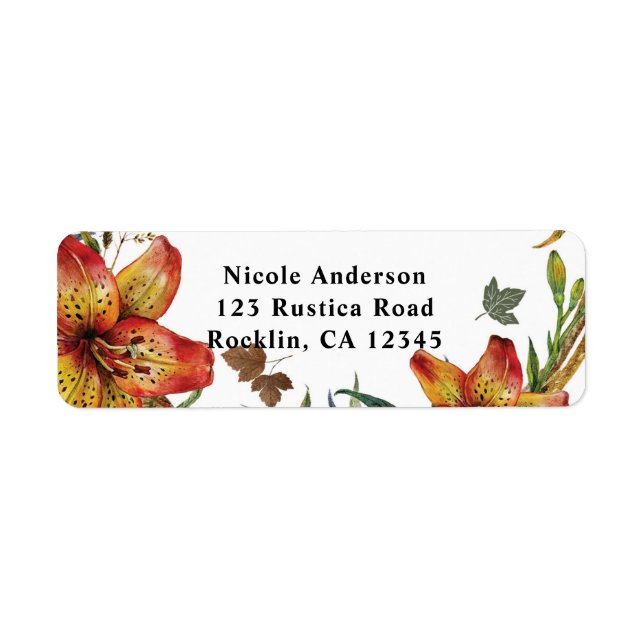 Etiqueta Apaixonar Lírios Laranja Florais E Folhas Outono (Frente)