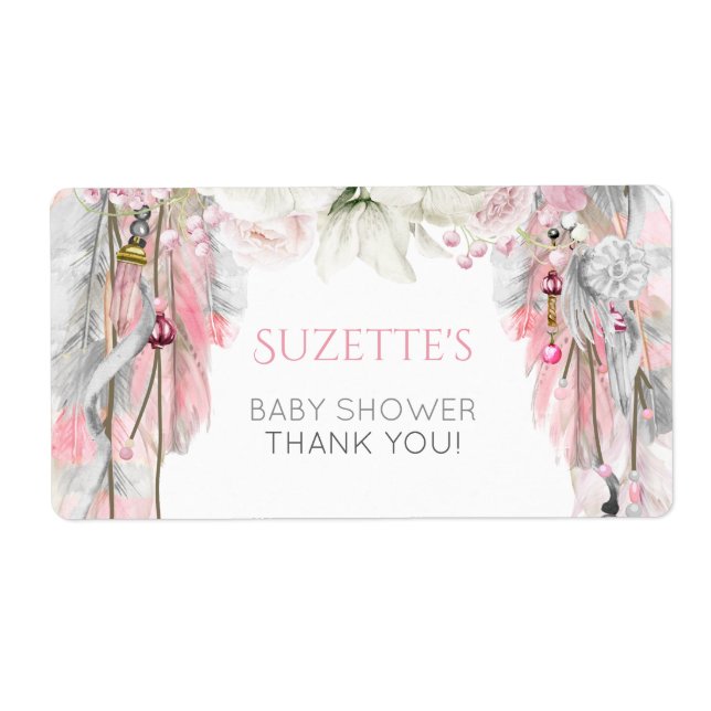 Etiqueta Apoanhador De Sonhos Boho Rosa Cinza Marfim Penas  (Frente)