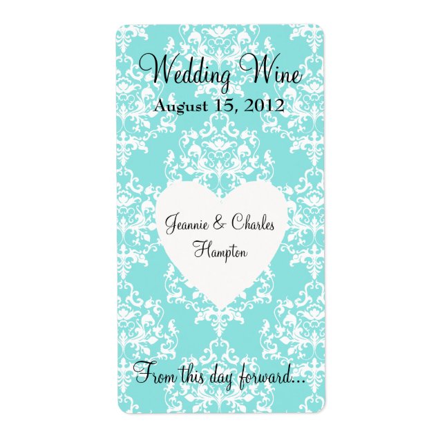 Etiqueta Aqua Blue Damask Wedding Mini Wine Label (Frente)