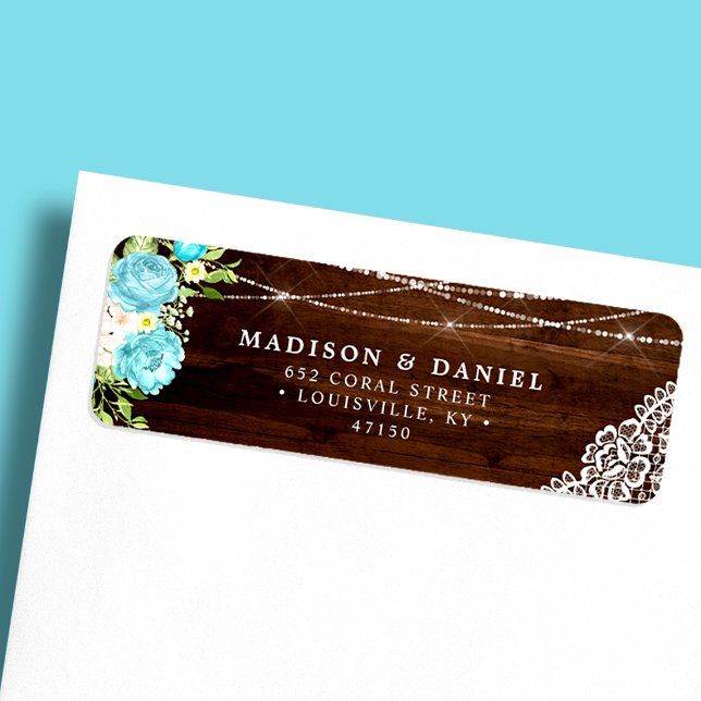Etiqueta Aqua Mint Rustic Wood String Lights Floral Address (Criador carregado)