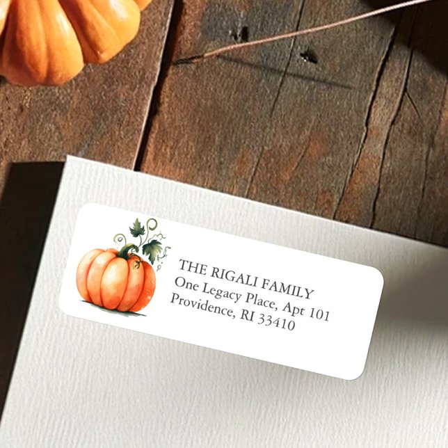 Etiqueta Aquarela Abóbora Endereço de Remetente (Pumpkin return address labels in watercolor shades or orange and green for fall and rustic events)