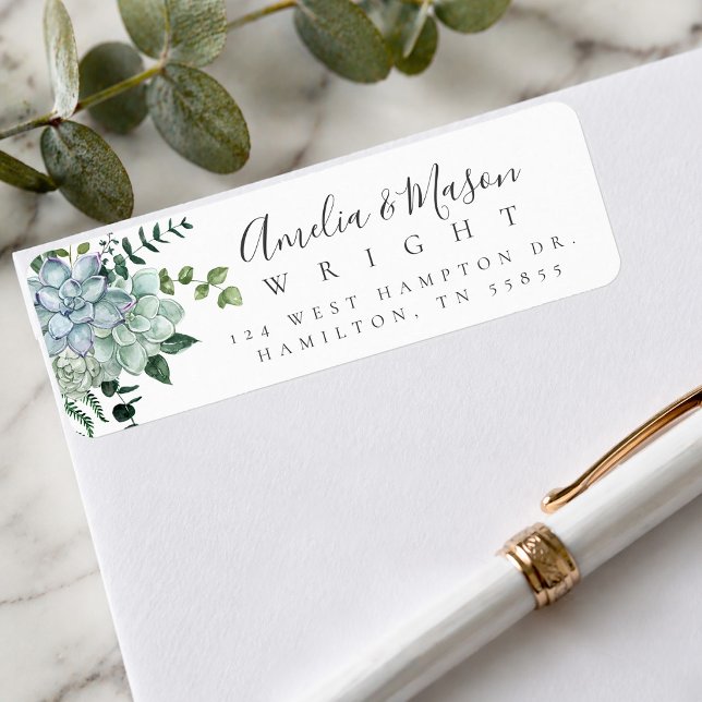 Etiqueta Aquarela Botânica de Suculentas no Endereço do Cas (Botanical Watercolor Succulent Wedding Address Label)