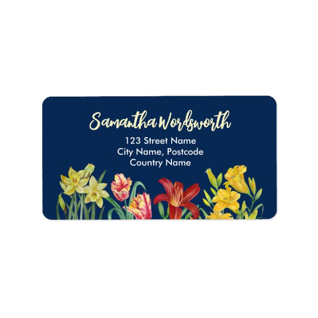 Etiqueta Aquarela Flores Amarelas Laranja da Primavera Azul (Frente)