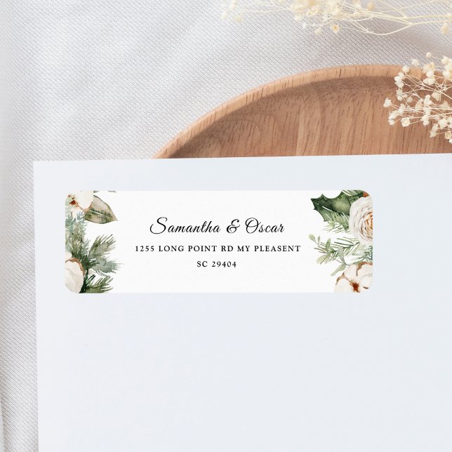 Etiqueta Aquarela Palha Verde de inverno Flores Brancas (Criador carregado)