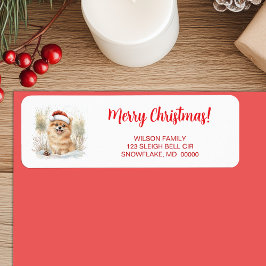Etiqueta Aquarela Pomerânia em Santa Chapéu Feliz Natal