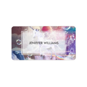 Etiqueta Arco-íris galáxia cavalgando unicórnio no espaço.