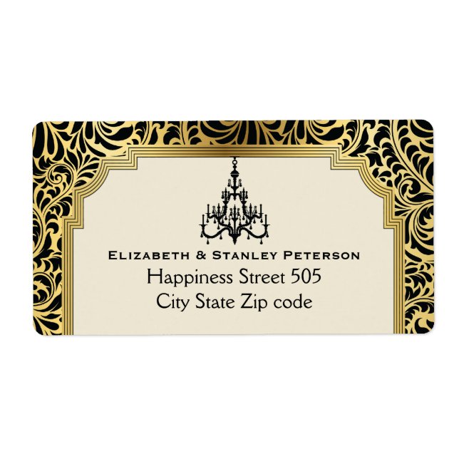 Etiqueta Art Deco chandelier black, casamento ouro (Frente)