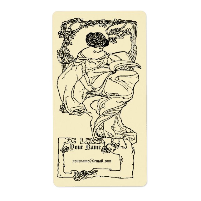 Etiqueta Art Nouveau Ex Libris Girl & Book Sobre Rosa Model (Frente)