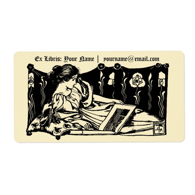 Etiqueta Art Nouveau Ex Libris Reclinando Rapariga e Livro (Frente)